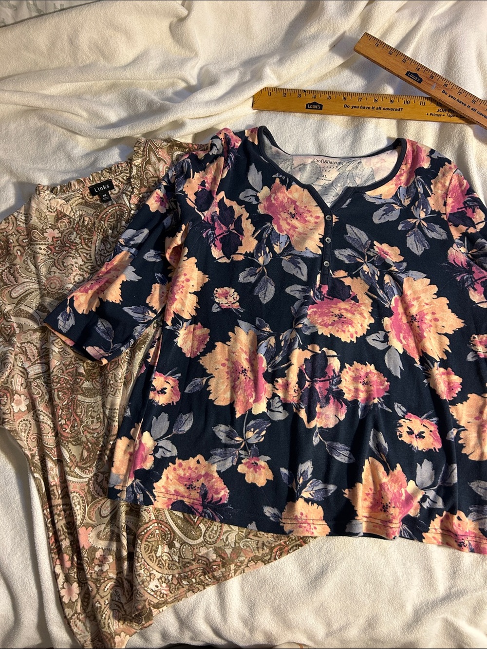 Linen Blend Floral Henley Top - Navy with Pink Floral